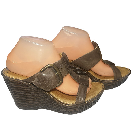 Born Wedge Sandals Womens Size 9 Brown Leather Platform Buckle Woven W82314 - Picture 1 of 13
